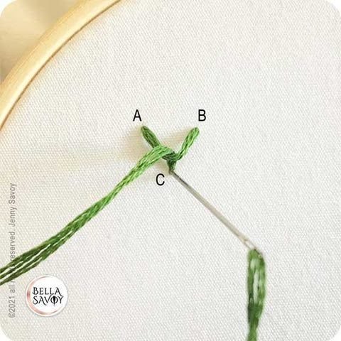 tiny stitch being added to the bottom of a loose stitch to create a 'v' shape.