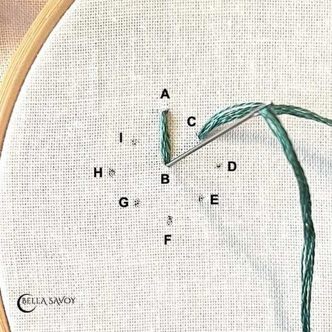 straight stitch at top of diamond shape. Needle entering fabric at the center to create another straight stitch