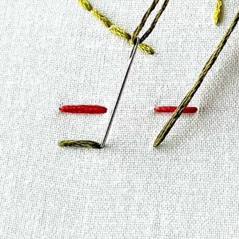 needle returning to the back at the end of first stitch