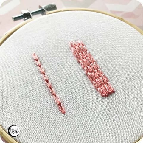 chain stitch embroidered on cloth, comparing how it looks when it's one single row vs several rows stitched together