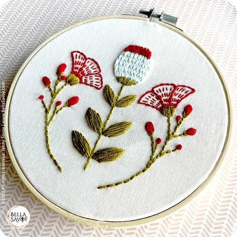 flower embroidery with a Scandinavian style design created with 5 basic embroidery stitches