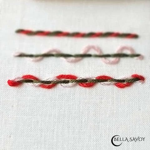 double threaded back stitch in green, pink, and red