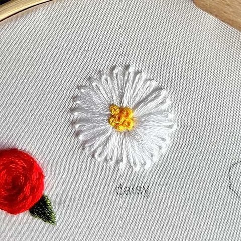 complete daisy flower embroidered with the lazy daisy stitch and french knots