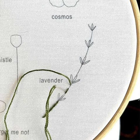 stem stitch creating the stem of a lavender flower