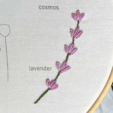 finished lavender flower made with the stem stitch and lazy daisy stitch