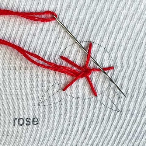 rose being embroidered with the woven wheel. A circle is divided into 5 equal parts with a straight stitch, then thread is being woven above and below as it goes around and around.