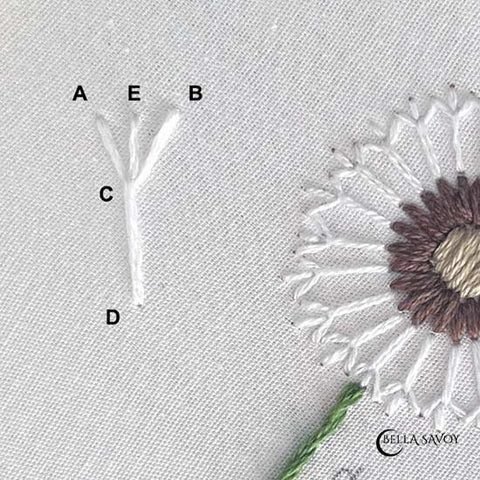 close up of a dandelion seed embroidered and labelled