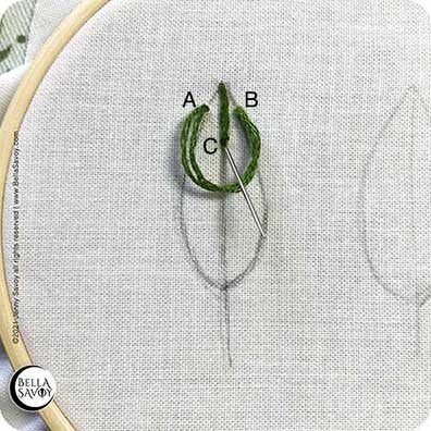 leaf template with one single stitch at the top of the leaf's spine