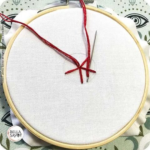 beginning of thread being woven through initial stitches shaped into a pie.