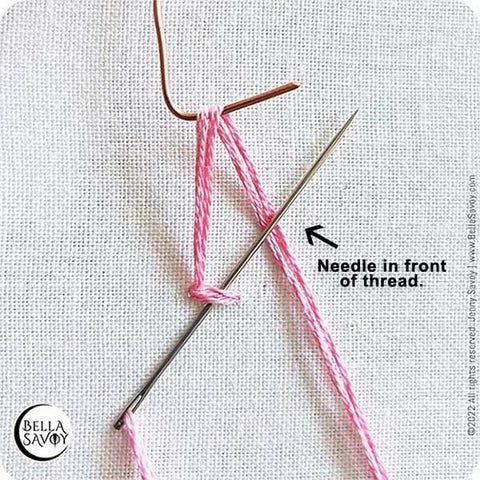 needle slipping under small stitch & thread coming up and over a hook on top and sitting behind needle tip