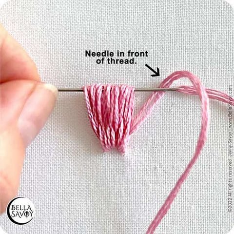 needle holding up a row of stitches and working thread laying over the needle on the back