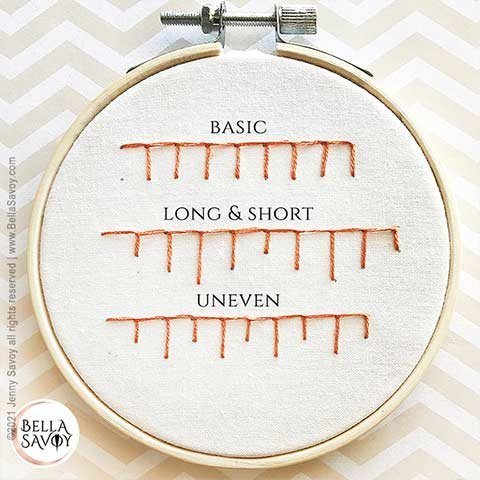 comparison of several blanket stitch variations: basic, long & short, and uneven