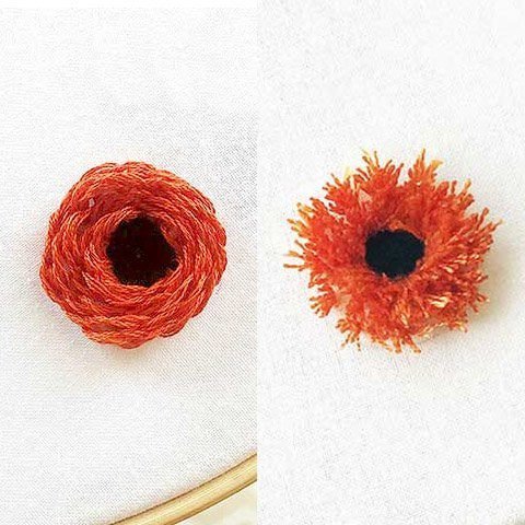 2 looped blanket flower stitch flowers, one with intact loops and the other with cut and trimmed loops