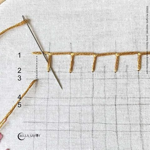 thread coming up at line 3 and needle sliding under vertical stitch on line 2