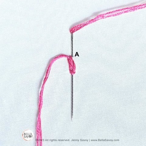 needle pinned from top of stitch to the bottom