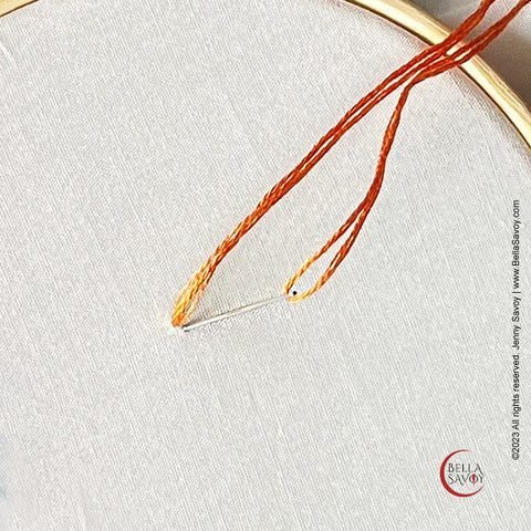 Needle returning to the same hole it came up from.