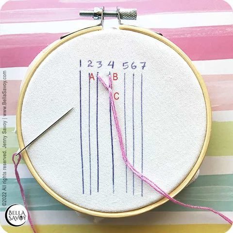 1 straight feather stitch at the top center of guidelines