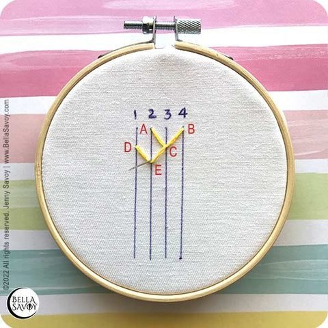 4 parallel lines. Loose loop with needle coming up in between a little ways down the center