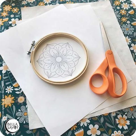 Materials you need to transfer patterns with a home printer, including sticker paper, cloth, design, hoop, and scissors
