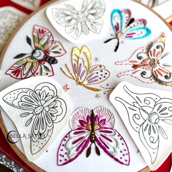 moth embroidery designs next to their stick and stitch stitckers that match